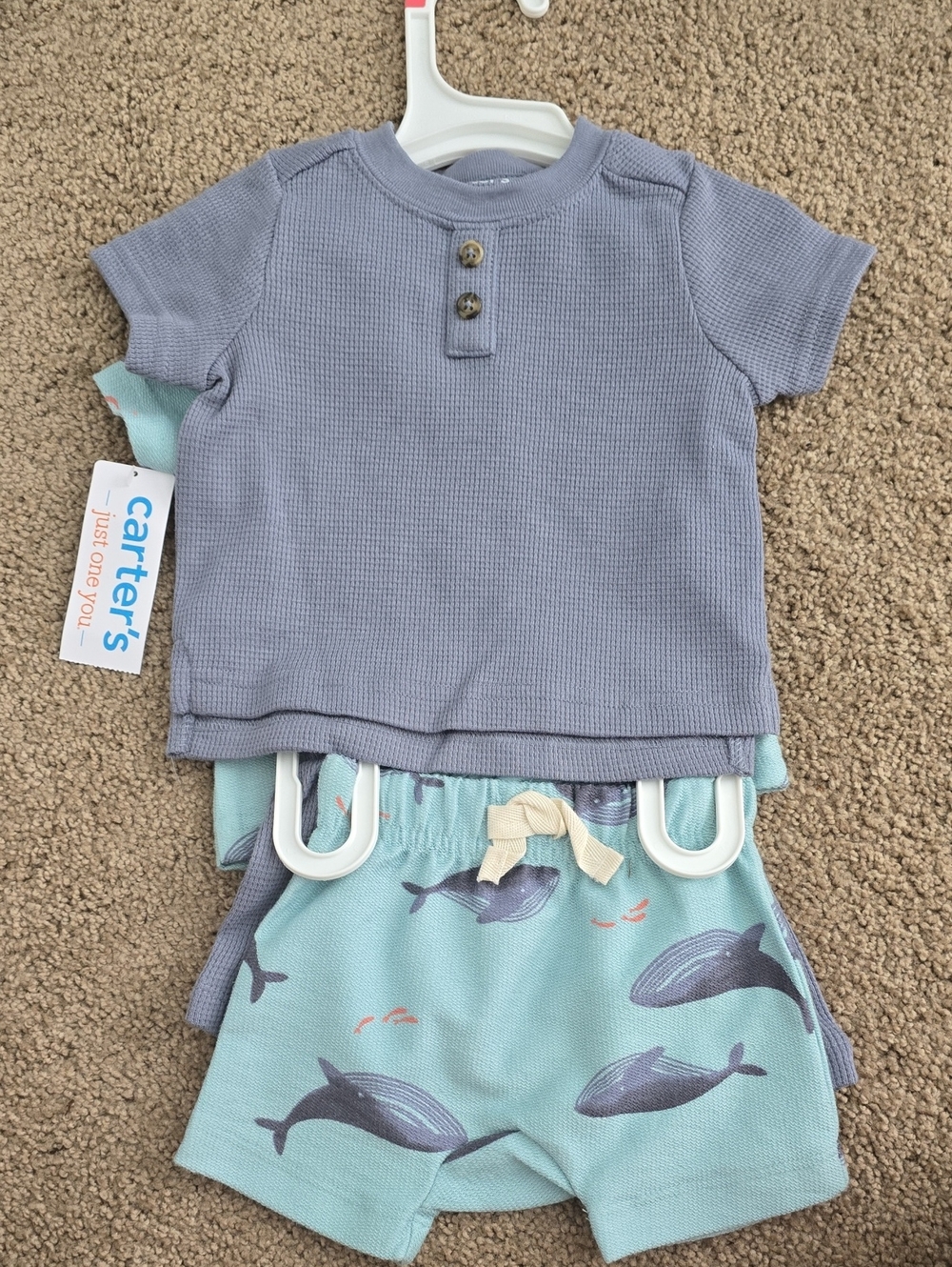 Carter's Blue Waffle Knit Tee with Mint Whale Print Shorts